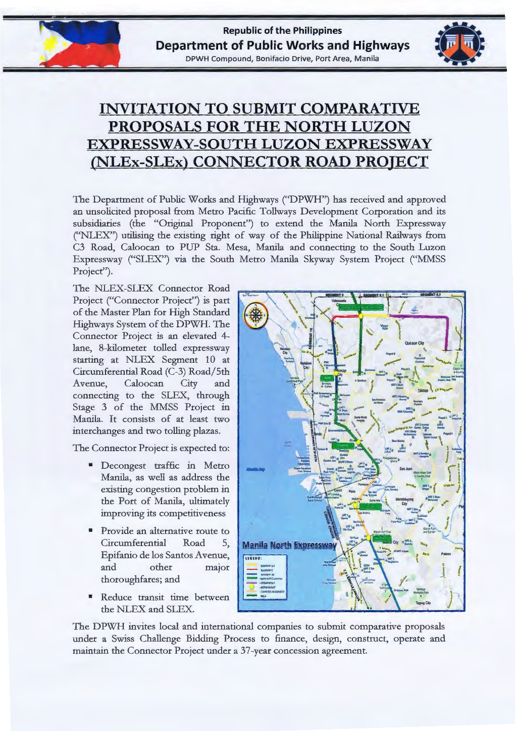 INVITATION to SUBMIT COMPARATIVE PROPOSALS for the NORTH LUZON EXPRESSWAY-SOUTH LUZON EXPRESSWAY (Nlex-Slex) CONNECTOR ROAD PROJECT