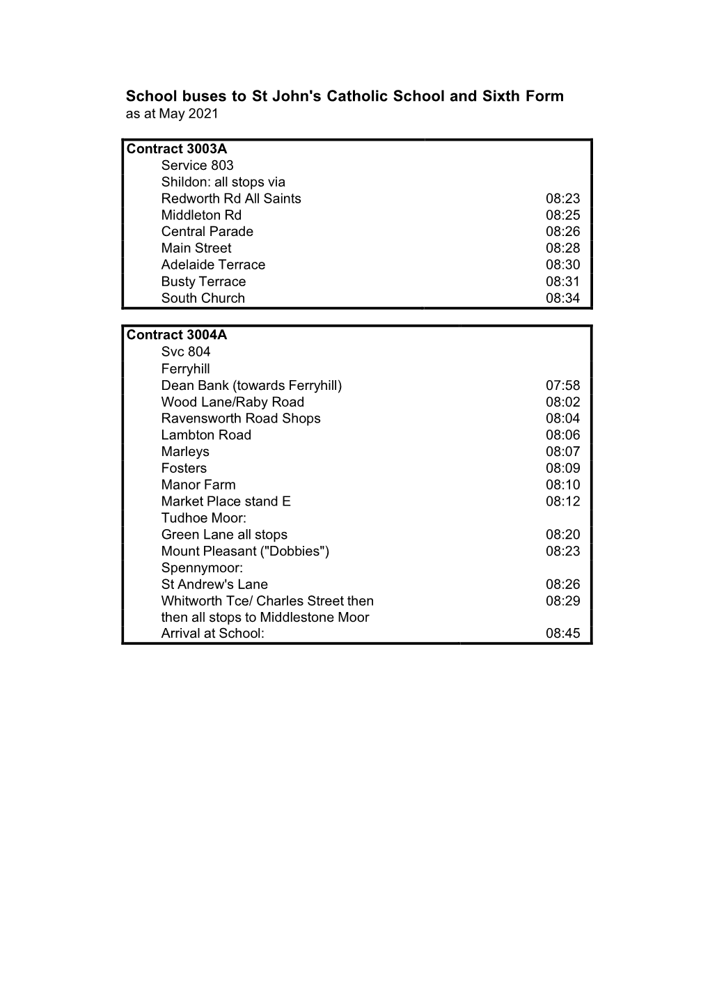 School Buses to St John's Catholic School and Sixth Form As at May 2021