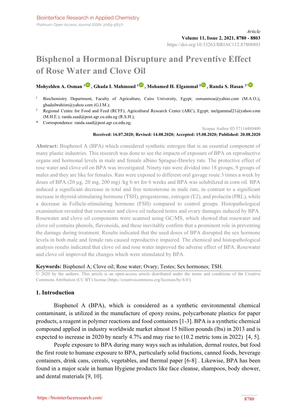 Bisphenol a Hormonal Disrupture and Preventive Effect of Rose Water and Clove Oil