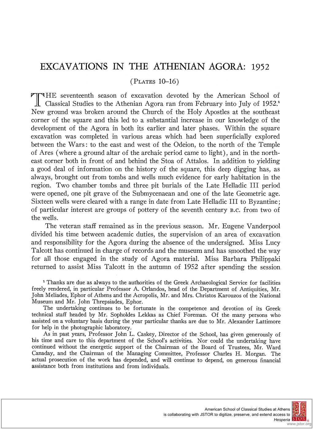Excavations in the Athenian Agora: 1952 (Plates10-16)