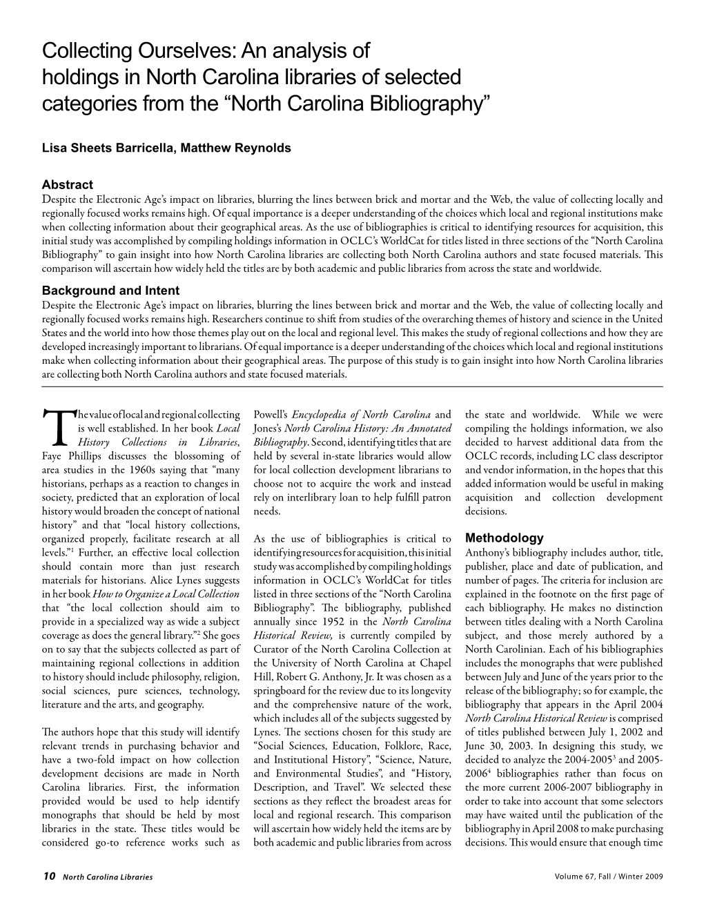 Collecting Ourselves: an Analysis of Holdings in North Carolina Libraries of Selected Categories from the “North Carolina Bibliography”