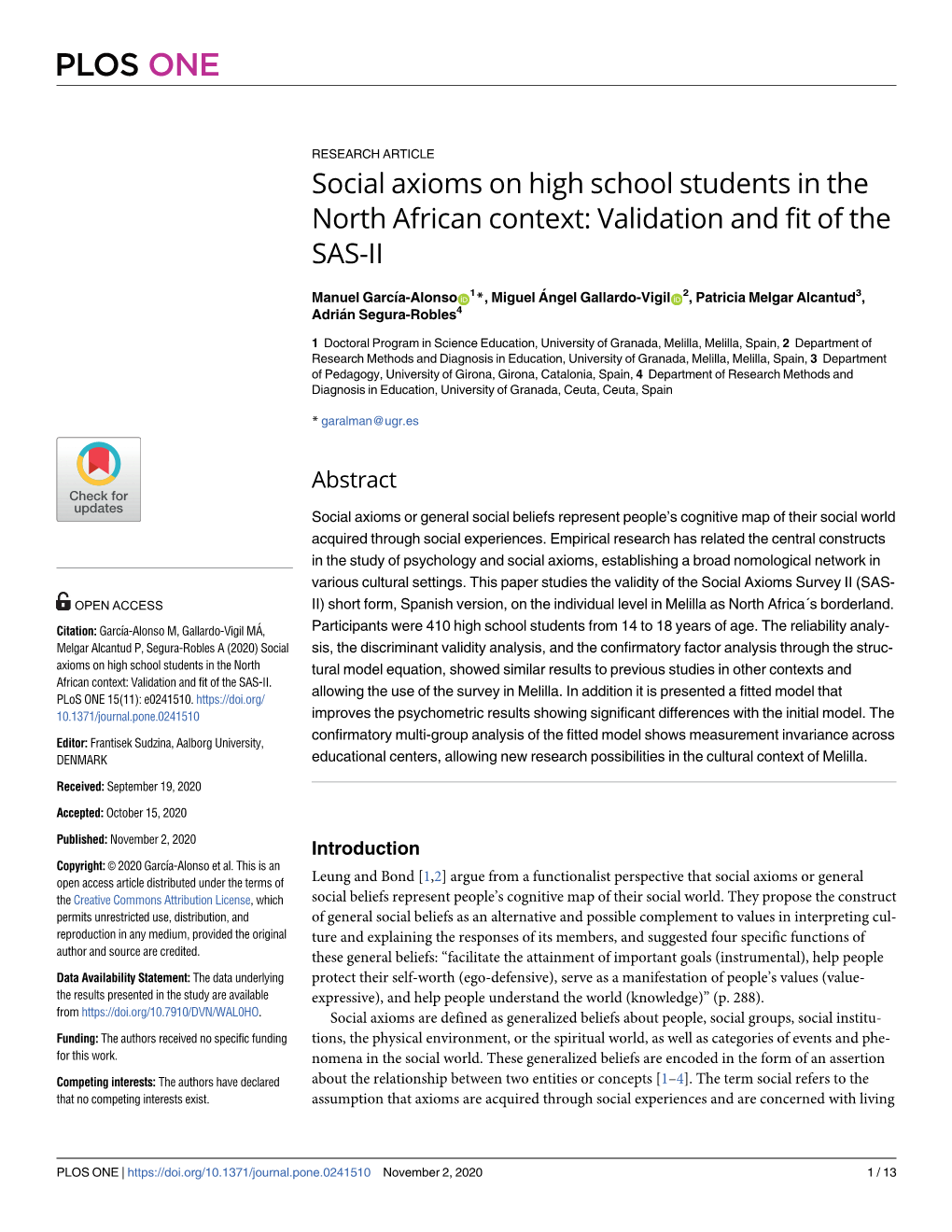 Social Axioms on High School Students in the North African Context: Validation and Fit of the SAS-II