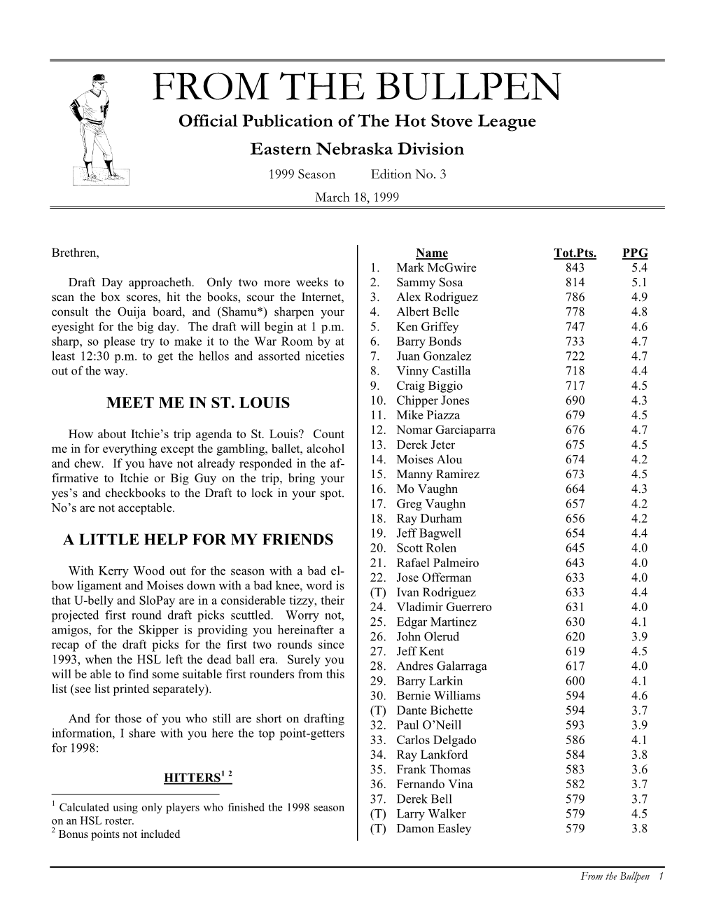 FROM the BULLPEN Official Publication of the Hot Stove League Eastern Nebraska Division 1999 Season Edition No