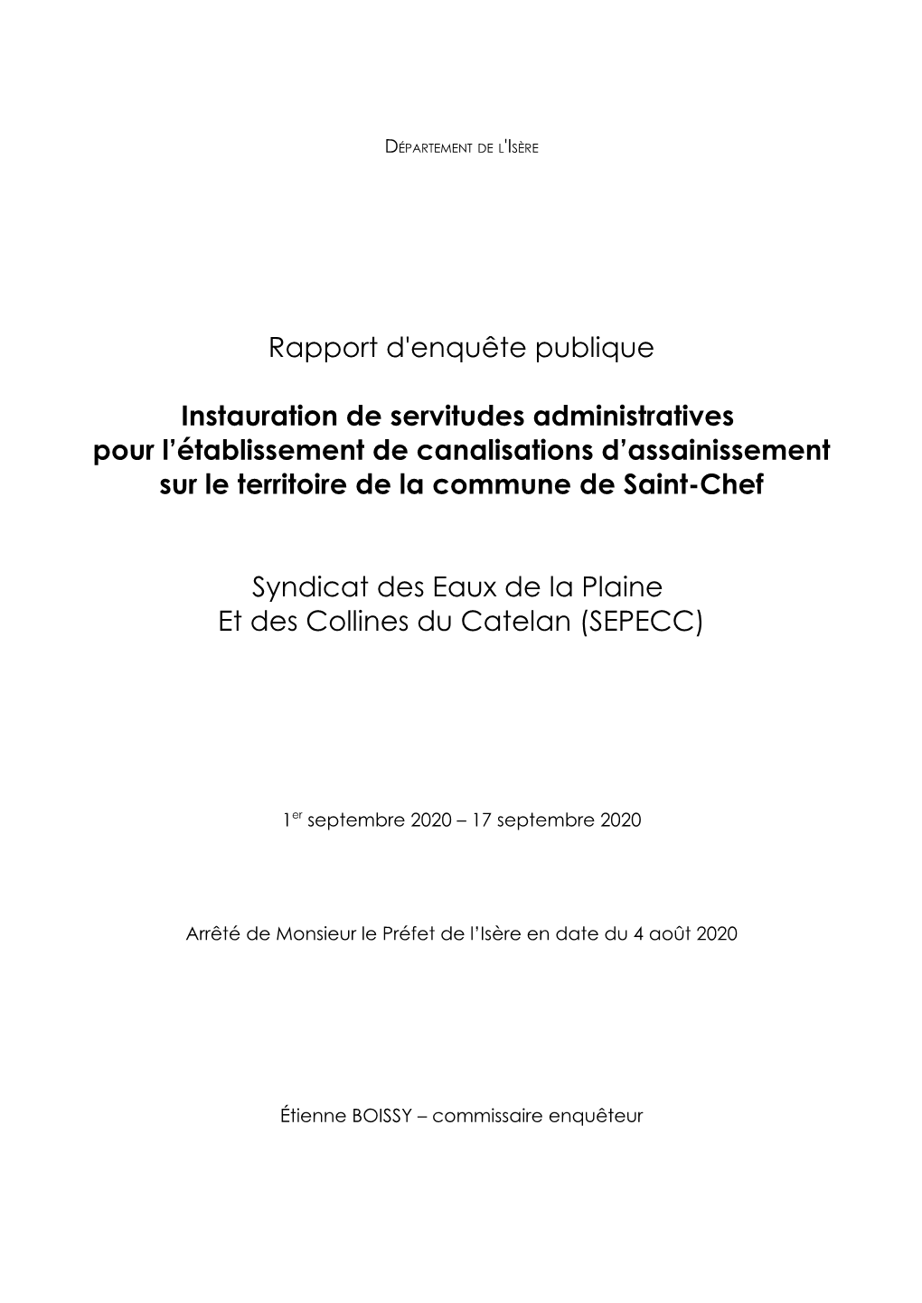 Rapport D'enquête Publique Instauration De Servitudes Administratives Pour L'établissement De Canalisations D'assainisseme