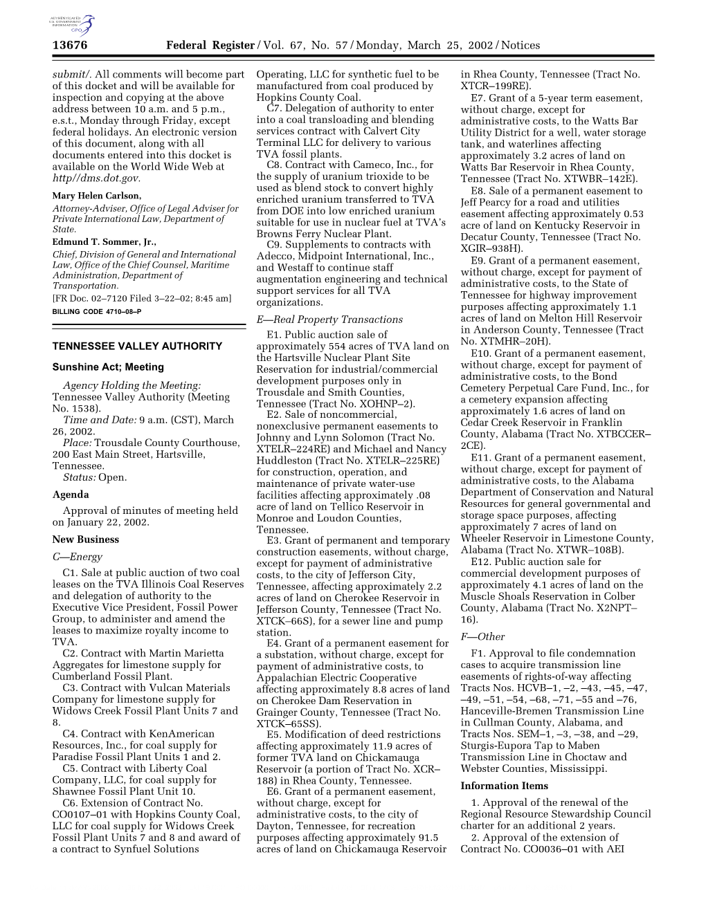 Federal Register/Vol. 67, No. 57/Monday, March 25, 2002/Notices