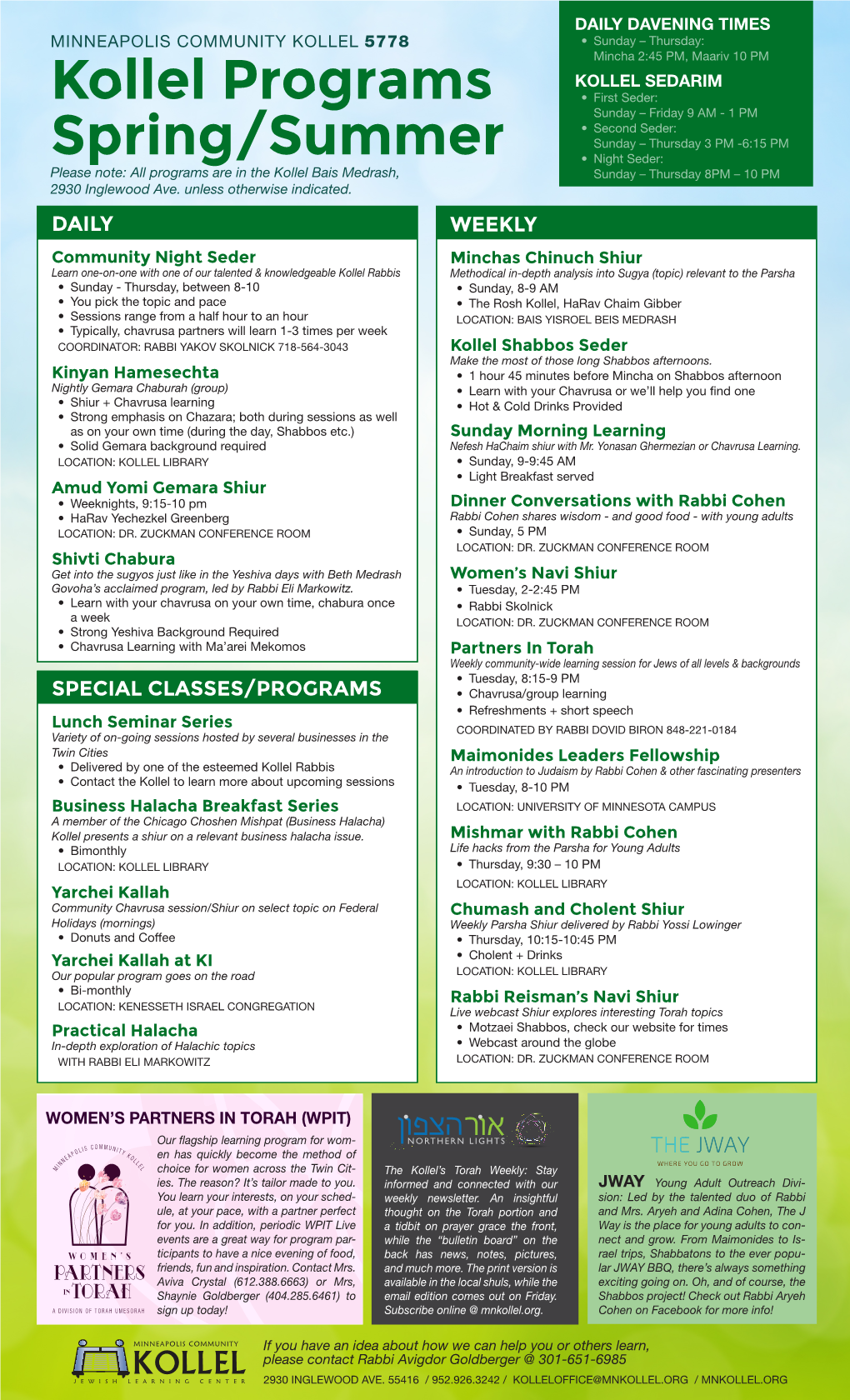 Kollel Programs Spring/Summer