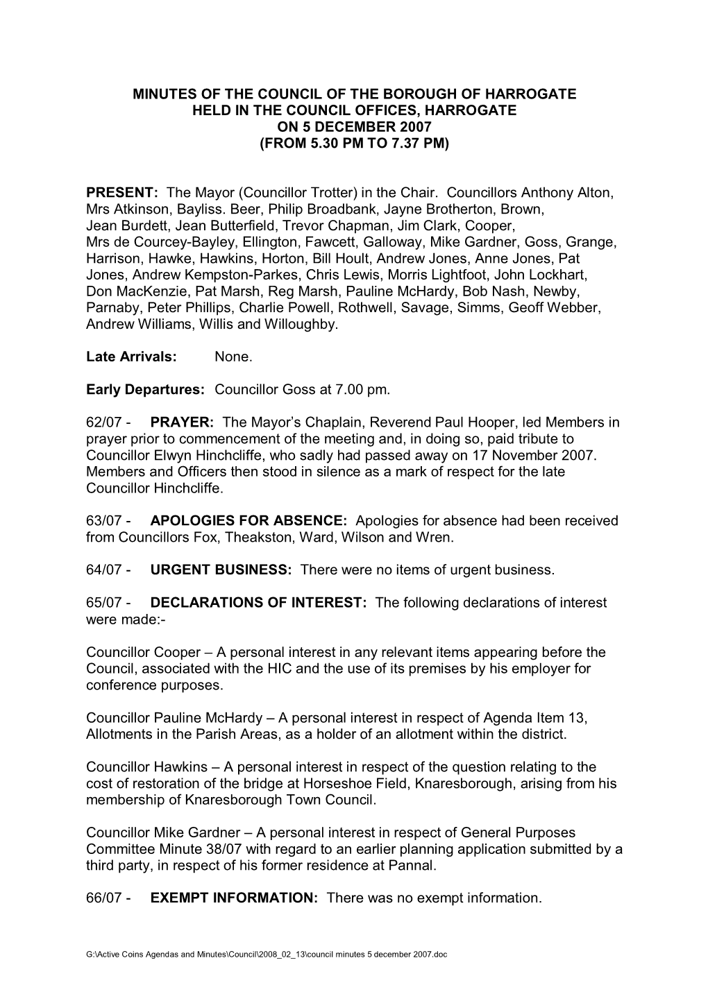 Minutes of the Council of the Borough of Harrogate Held in the Council Offices, Harrogate on 5 December 2007 (From 5.30 Pm to 7.37 Pm)