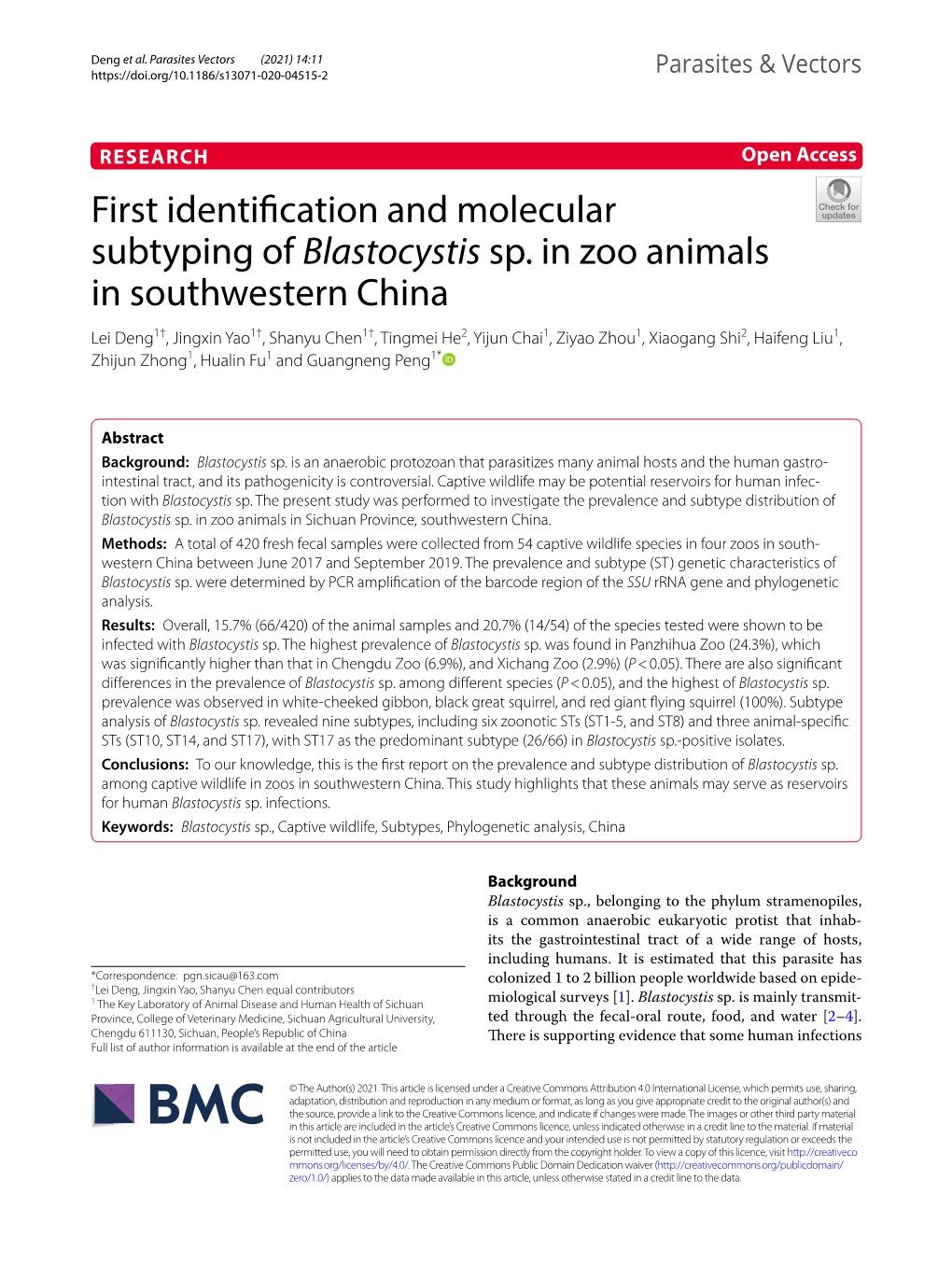 First Identification and Molecular Subtyping of Blastocystis Sp. in Zoo