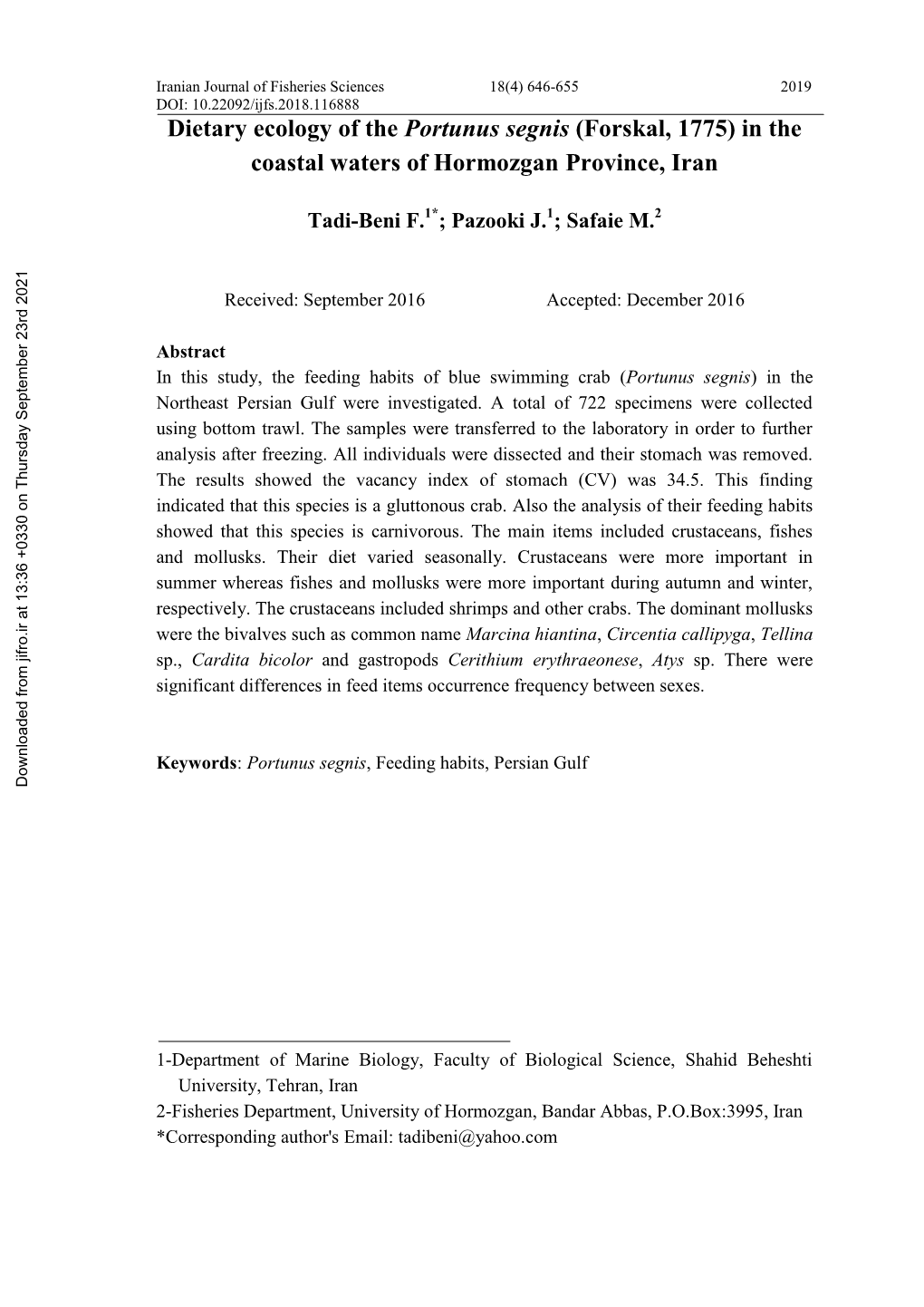 Dietary Ecology of the Portunus Segnis (Forskal, 1775) in the Coastal Waters of Hormozgan Province, Iran