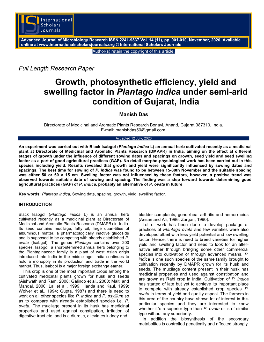 Growth, Photosynthetic Efficiency, Yield and Swelling Factor in Plantago Indica Under Semi-Arid Condition of Gujarat, India