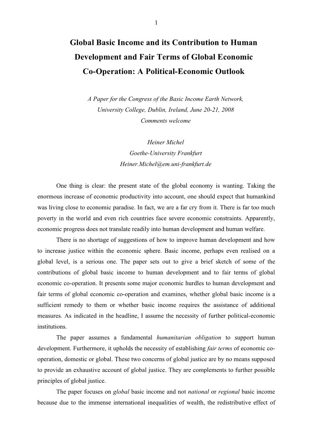 Global Basic Income and Its Contribution to Human Development and Fair Terms of Global Economic Co-Operation: a Political-Economic Outlook