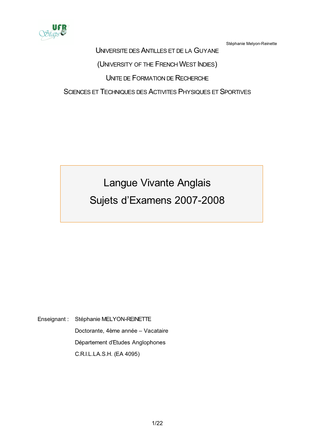 Langue Vivante Anglais Sujets D'examens 2007-2008