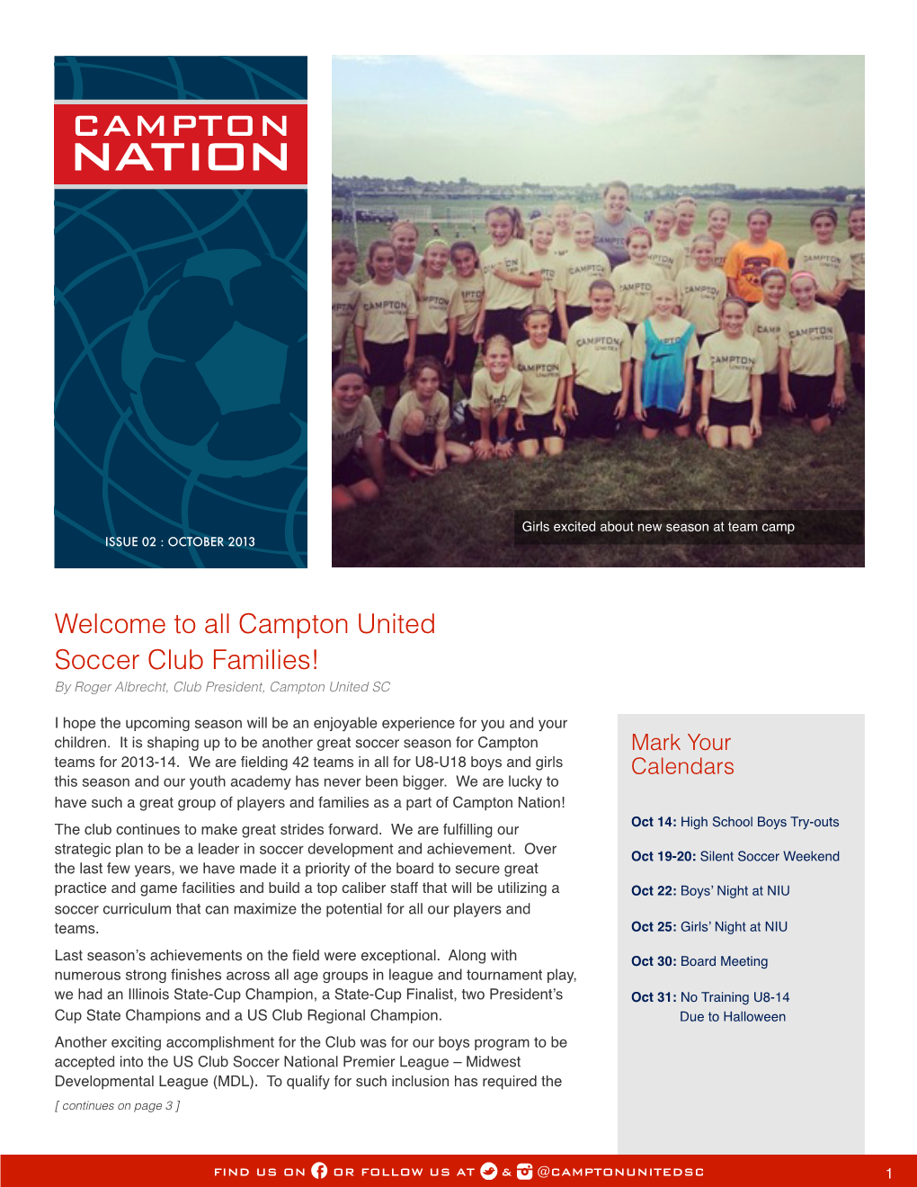 Campton United Soccer Club Families! by Roger Albrecht, Club President, Campton United SC