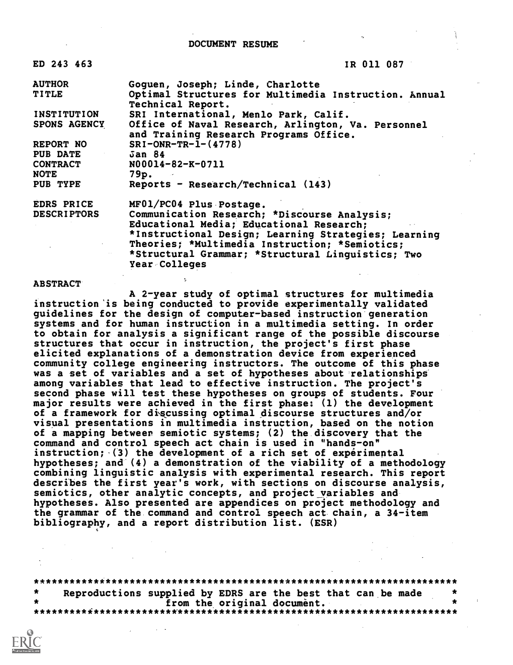 Optimal Structures for Multimedia Instruction. Annual Technical Report. INSTITUTION SRI International, Menlo Park, Calif