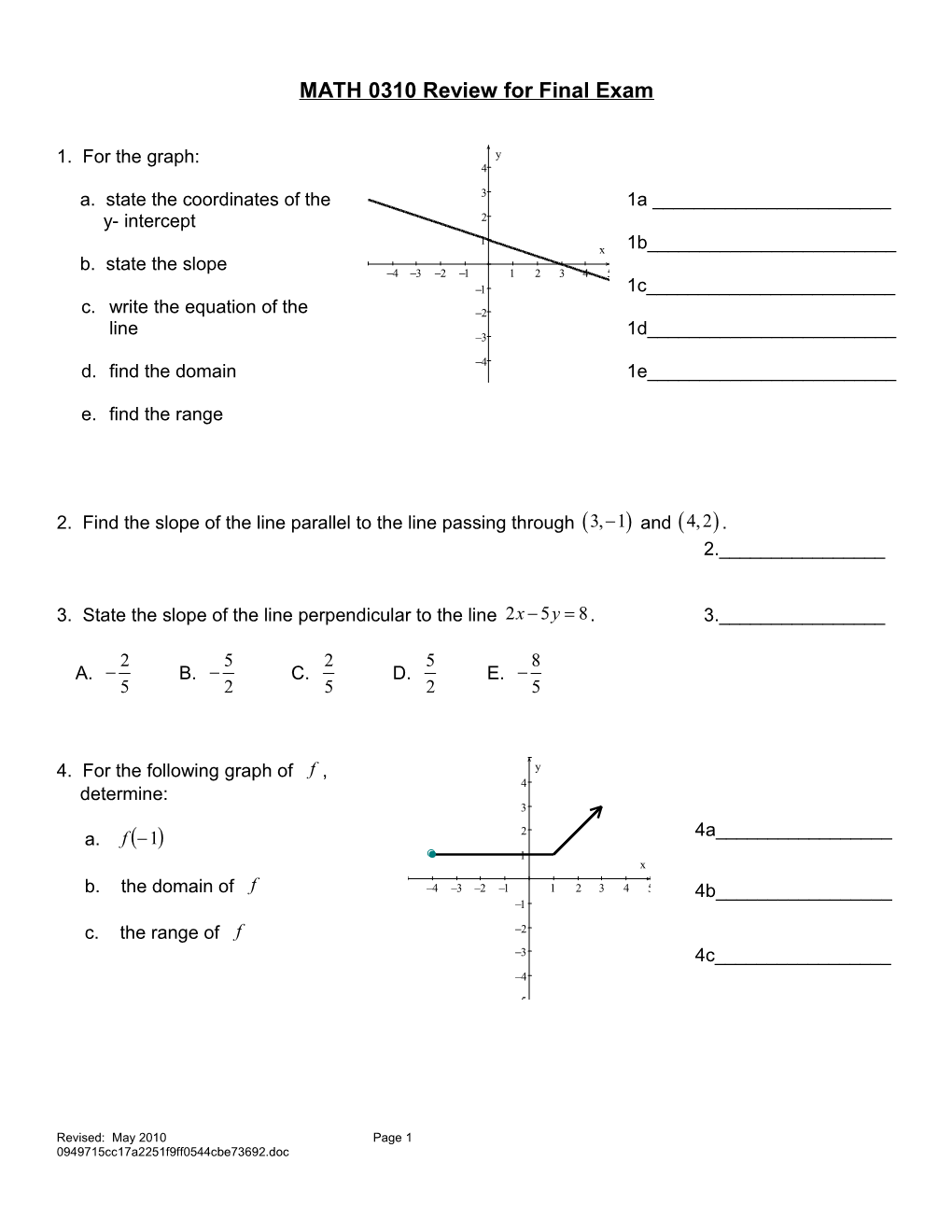 MATH 0310 Review for Final Exam