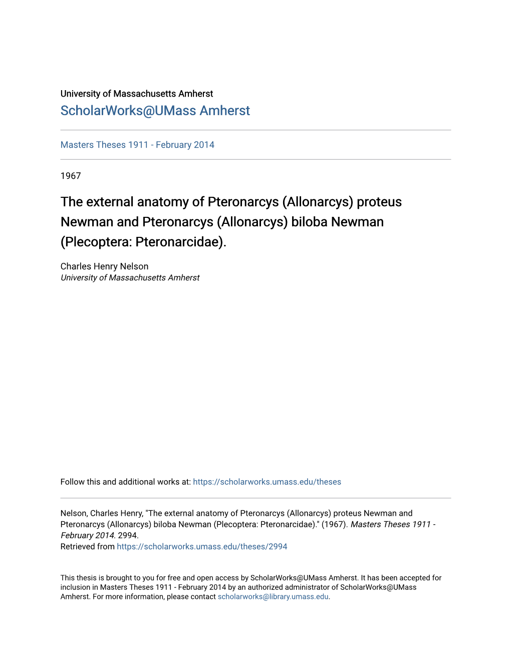The External Anatomy of Pteronarcys (Allonarcys) Proteus Newman and Pteronarcys (Allonarcys) Biloba Newman (Plecoptera: Pteronarcidae)