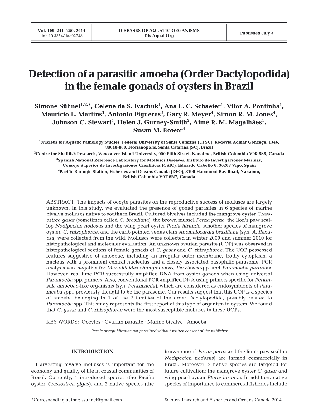 Detection of a Parasitic Amoeba (Order Dactylopodida) in the Female Gonads of Oysters in Brazil