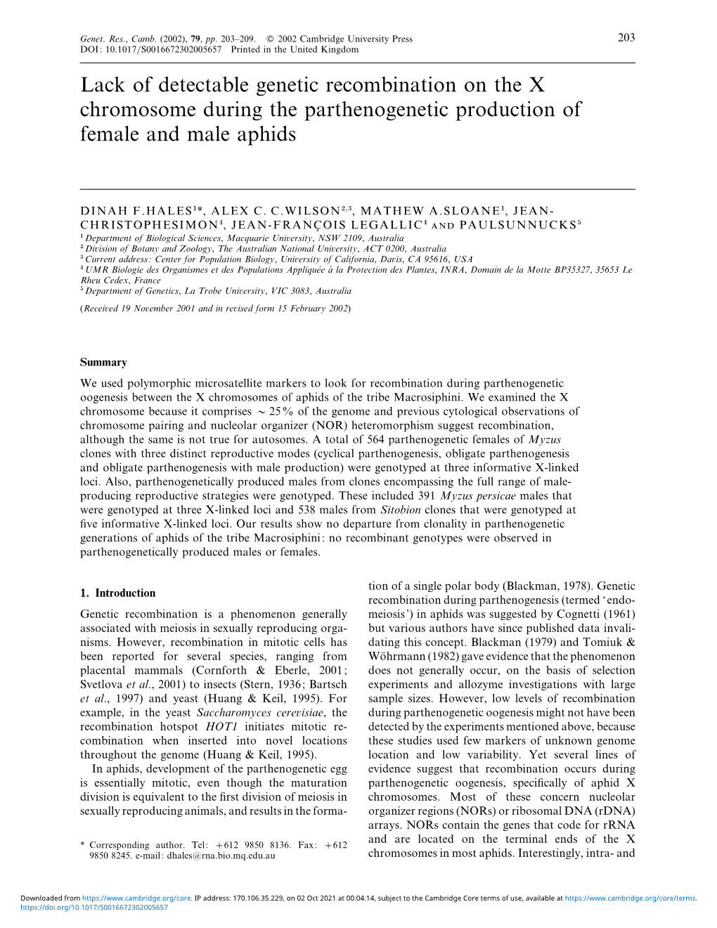 Lack of Detectable Genetic Recombination on the X Chromosome During the Parthenogenetic Production of Female and Male Aphids