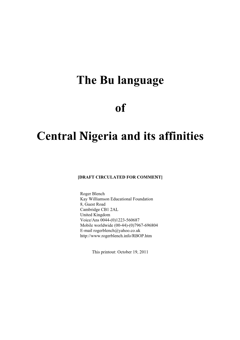 The Bu Language of Central Nigeria and Its Affinities