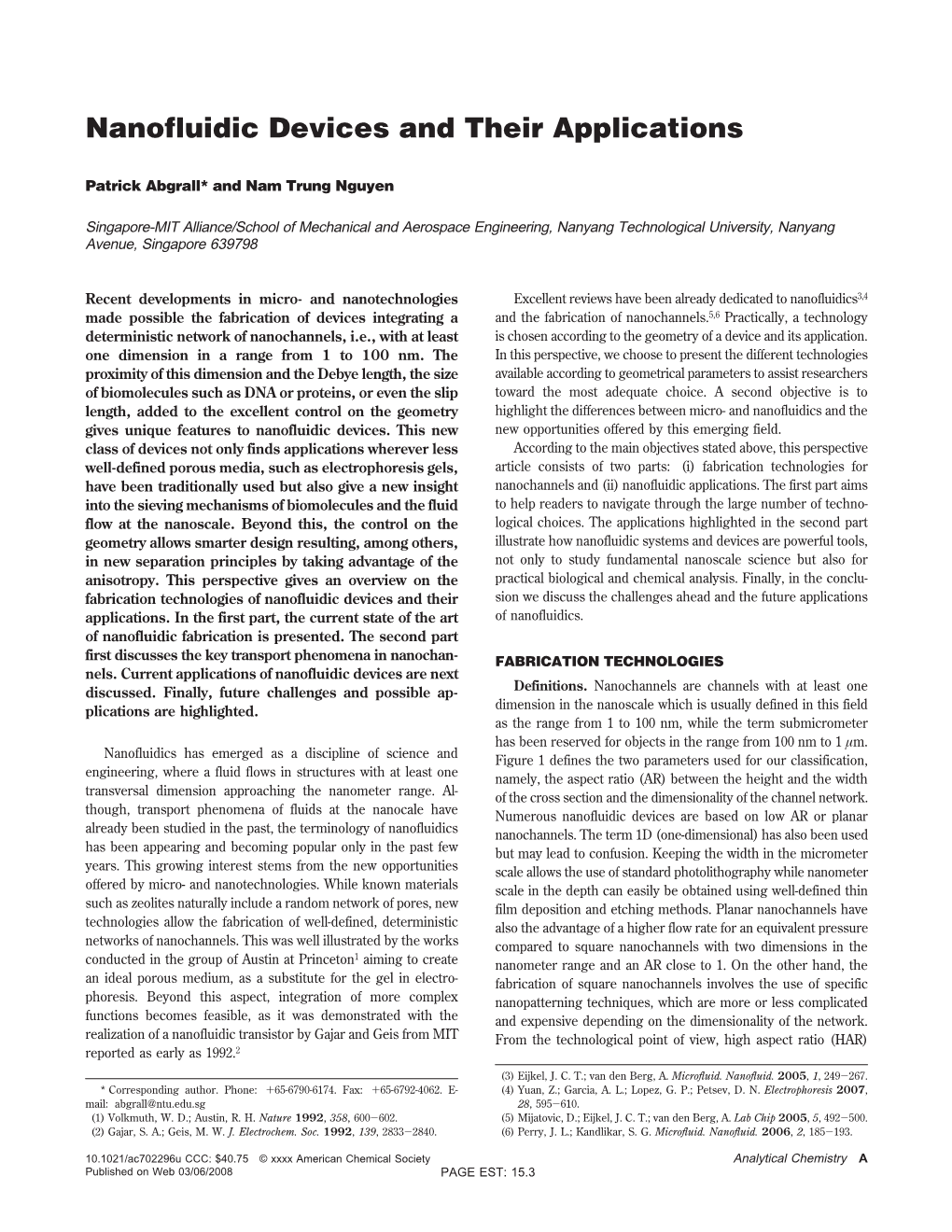 Nanofluidic Devices and Their Applications