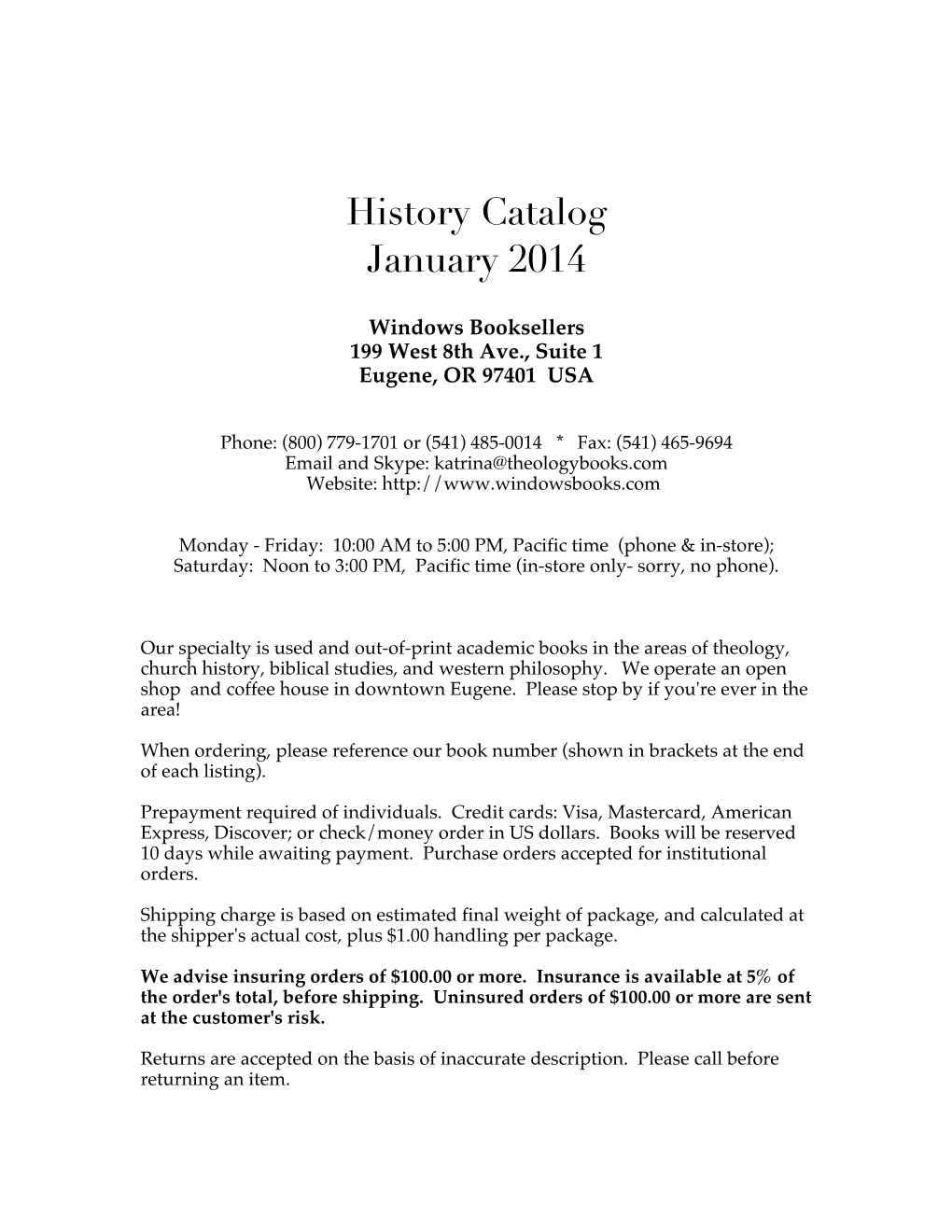 History Catalog January 2014