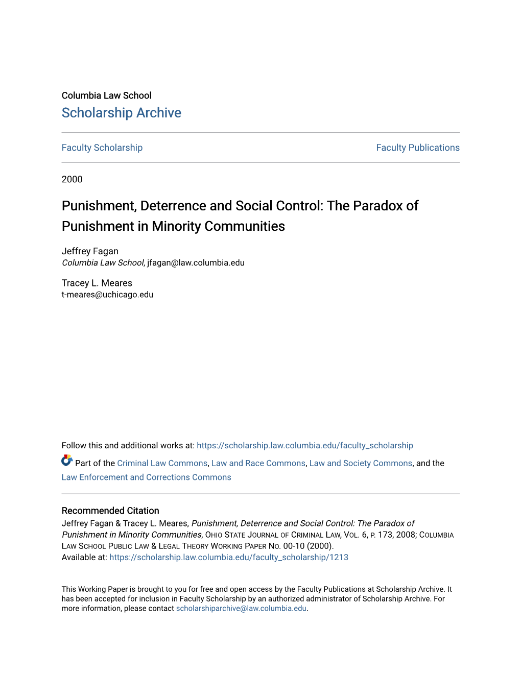 Punishment, Deterrence and Social Control: the Paradox of Punishment in Minority Communities