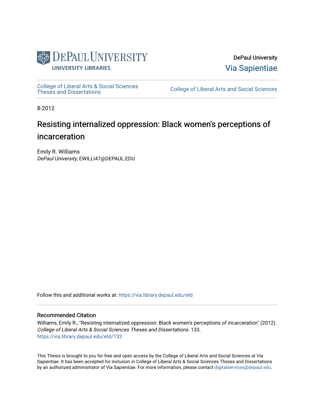 Resisting Internalized Oppression: Black Women's Perceptions of Incarceration