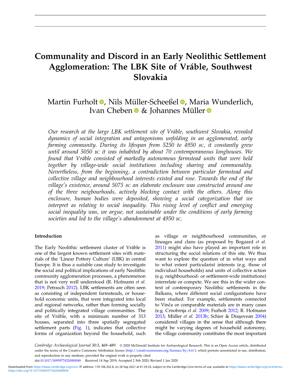 Communality and Discord in an Early Neolithic Settlement Agglomeration: the LBK Site of Vráble, Southwest Slovakia