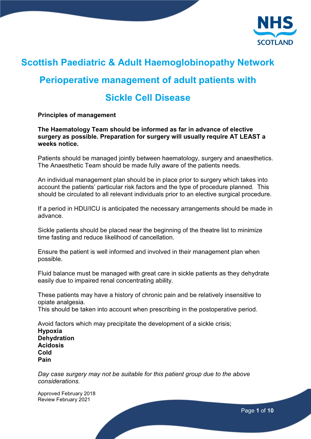 Scottish Paediatric & Adult Haemoglobinopathy Network Perioperative Management of Adult Patients with Sickle Cell Disease