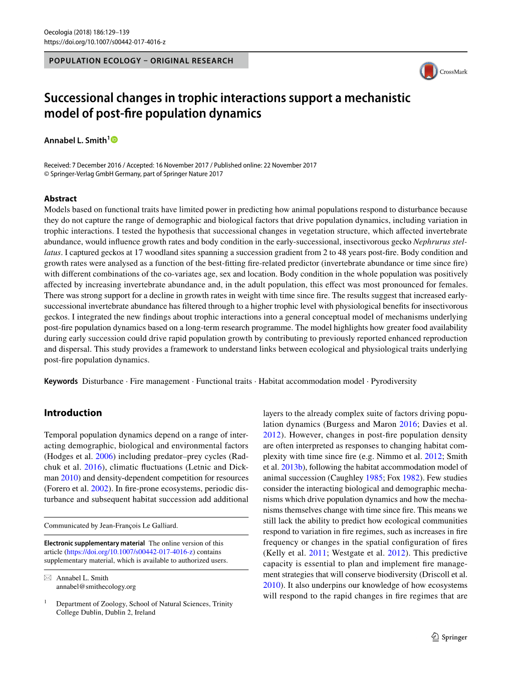 Successional Changes in Trophic Interactions Support a Mechanistic Model of Post‑Fre Population Dynamics