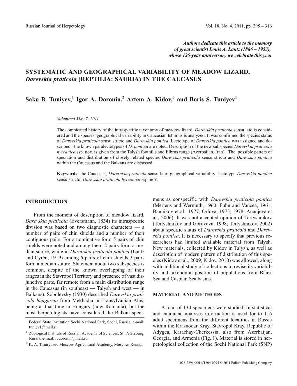 SYSTEMATIC and GEOGRAPHICAL VARIABILITY of MEADOW LIZARD, Darevskia Praticola (REPTILIA: SAURIA) in the CAUCASUS