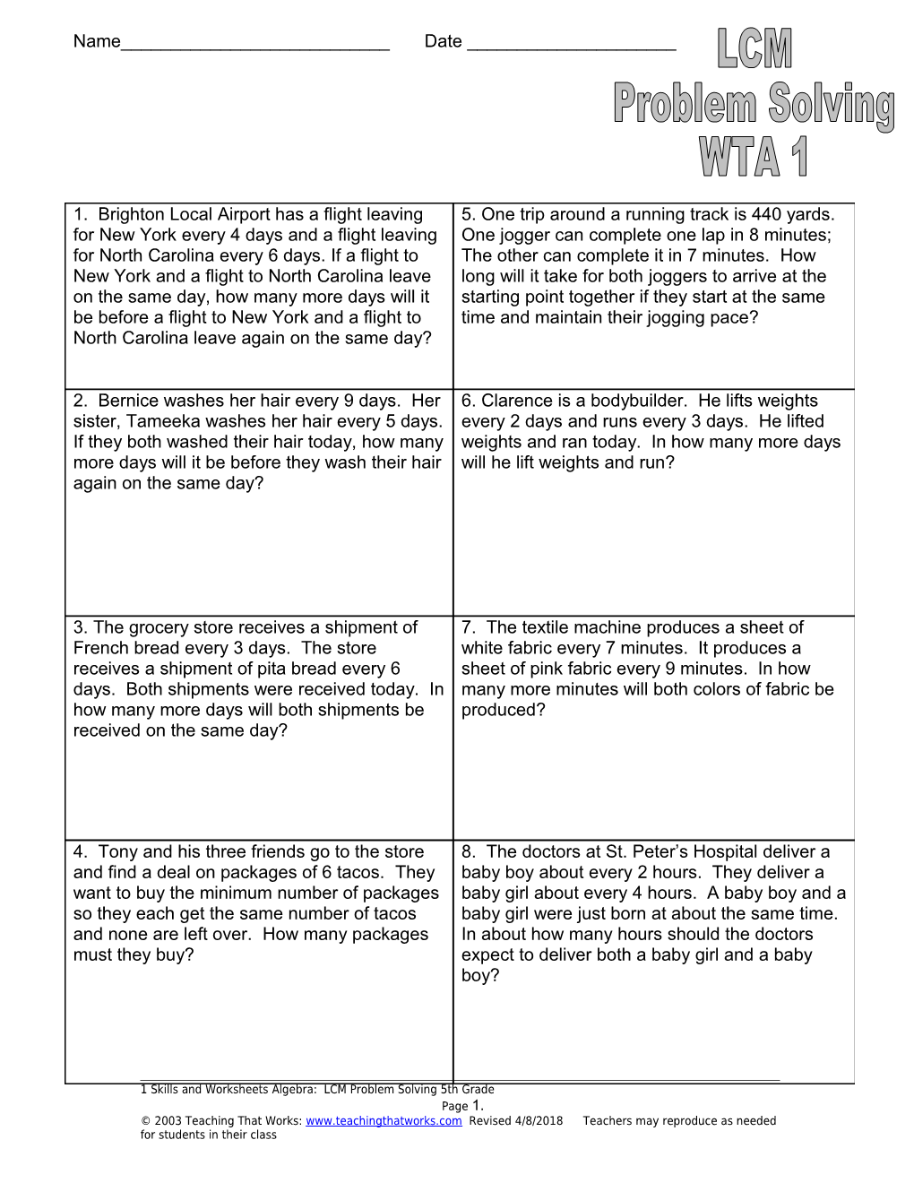 1 Skills and Worksheets Algebra: LCM Problem Solving 5Th Grade Page 1