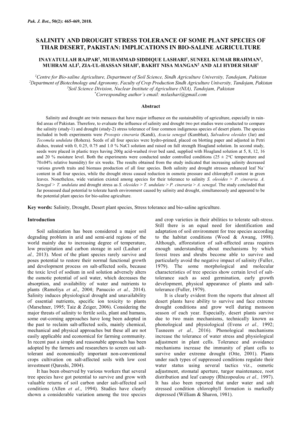 Salinity and Drought Stress Tolerance of Some Plant Species of Thar Desert, Pakistan: Implications in Bio-Saline Agriculture