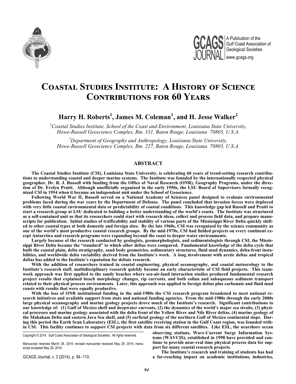 Coastal Studies Institute, School of the Coast and Environment, Louisiana State University, Howe-Russell Geoscience Complex, Rm