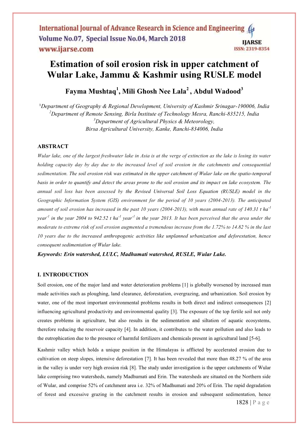 Estimation of Soil Erosion Risk in Upper Catchment of Wular Lake, Jammu & Kashmir Using RUSLE Model