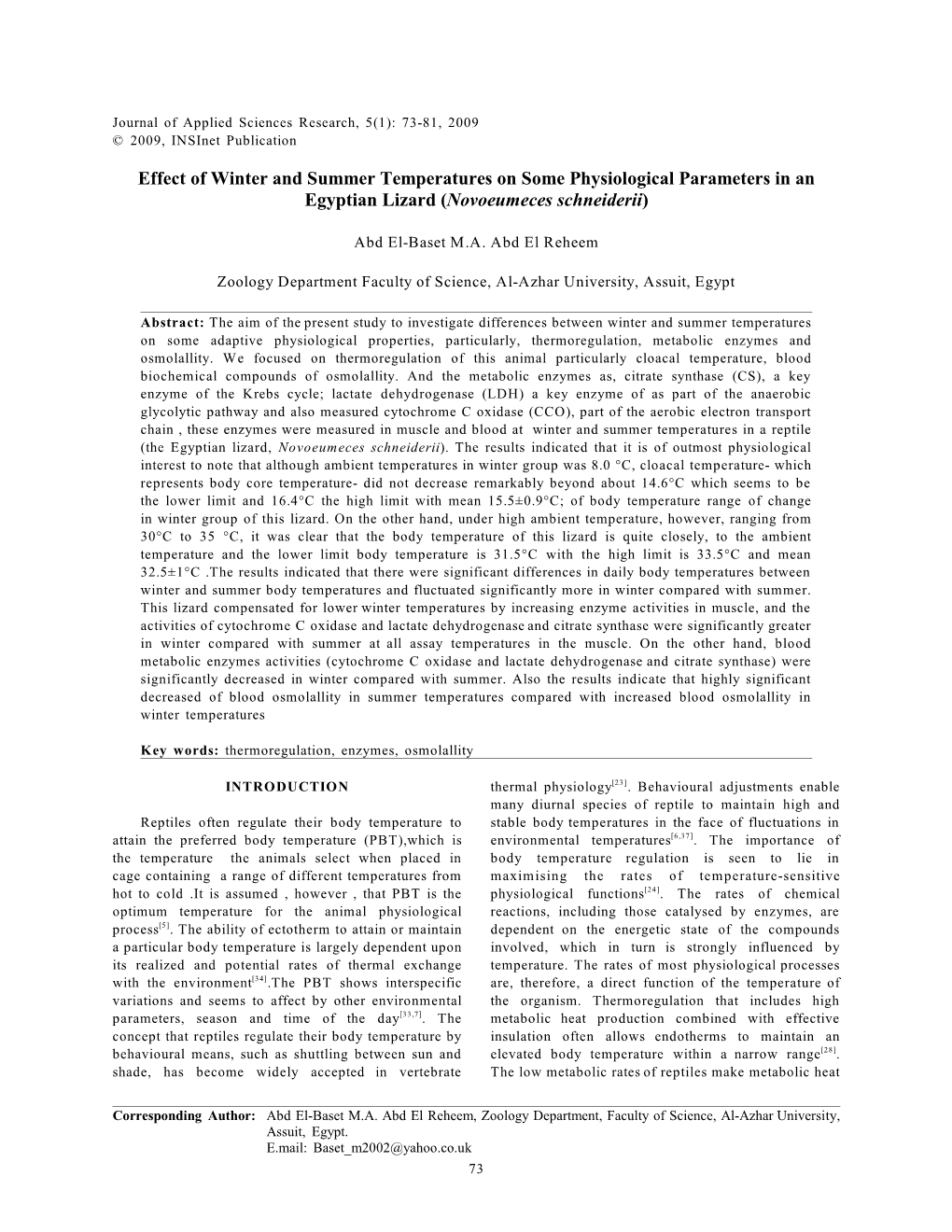 Effect of Winter and Summer Temperatures on Some Physiological Parameters in an Egyptian Lizard (Novoeumeces Schneiderii)