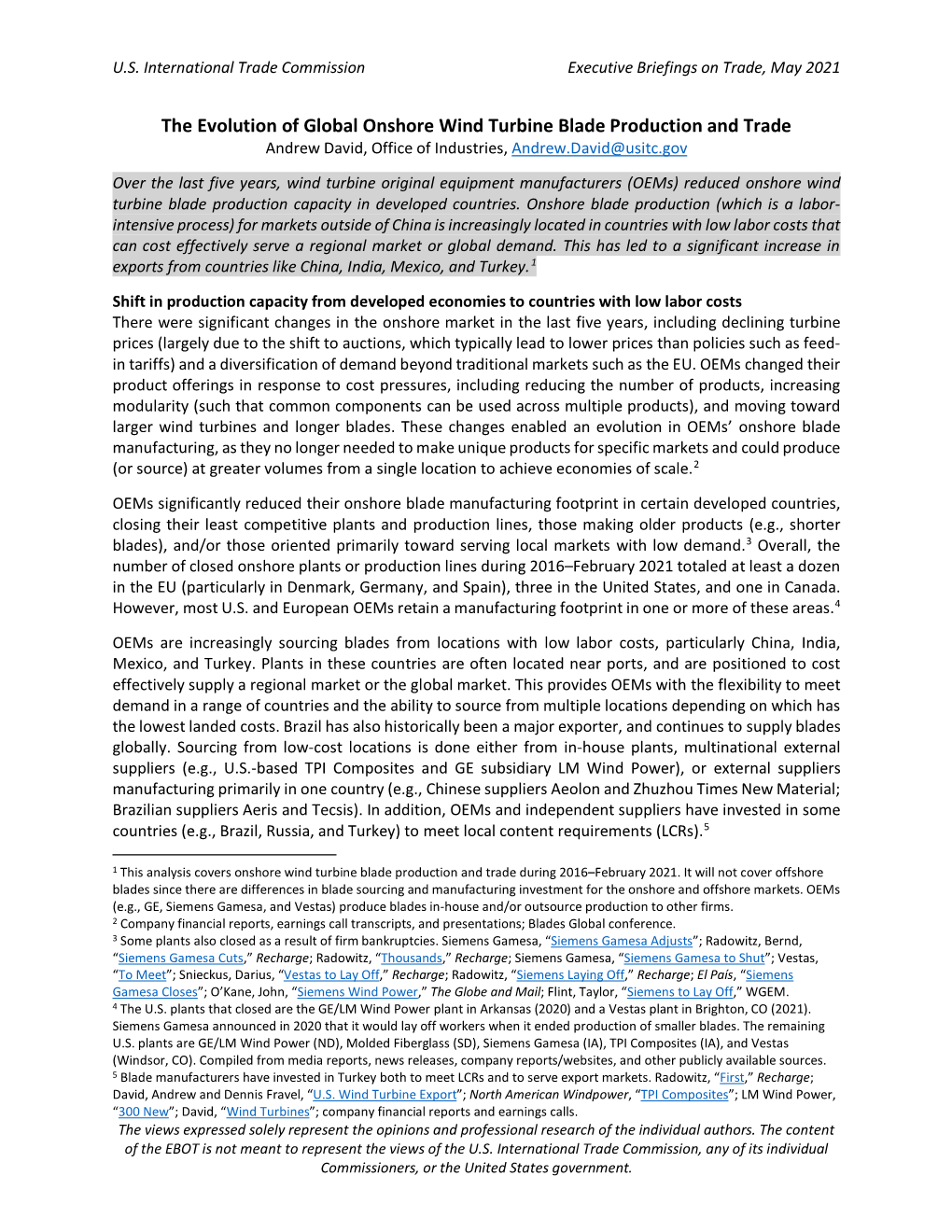 The Evolution of Global Onshore Wind Turbine Blade Production and Trade Andrew David, Office of Industries, Andrew.David@Usitc.Gov