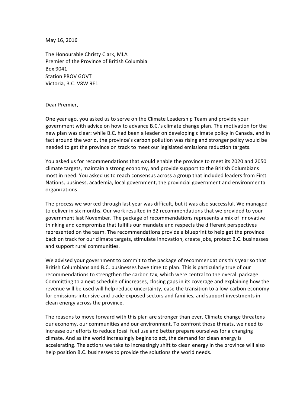 Climate Action Letter to Premier Clark from CLT Members