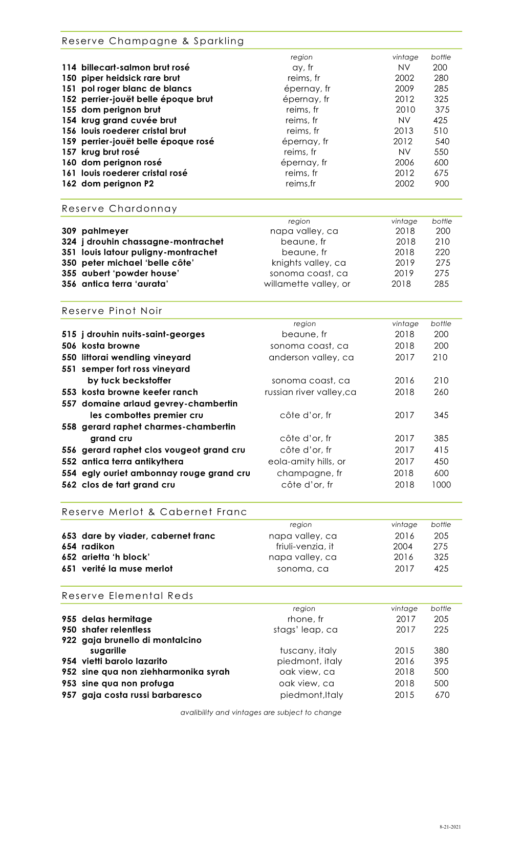 Reserve Champagne & Sparkling Reserve Chardonnay Reserve Pinot Noir Reserve Merlot & Cabernet Franc Reserve Elemental
