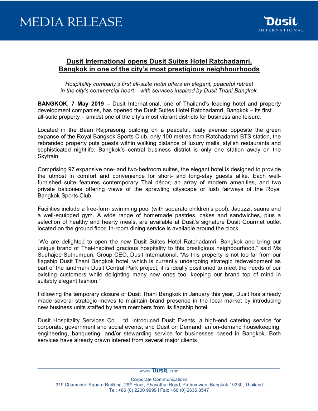 Dusit International Opens Dusit Suites Hotel Ratchadamri, Bangkok in One of the City’S Most Prestigious Neighbourhoods