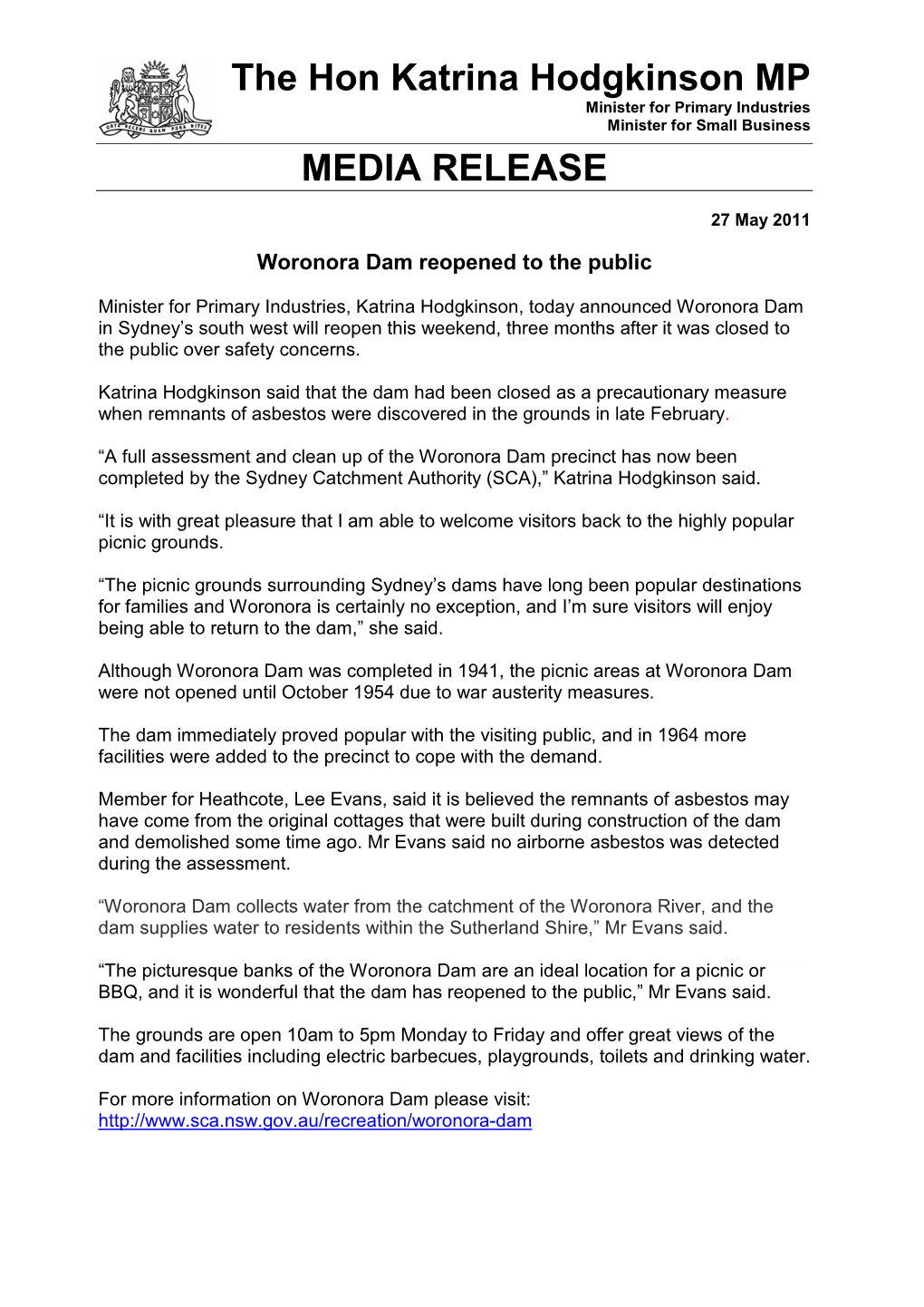 Woronora Dam Reopened to the Public