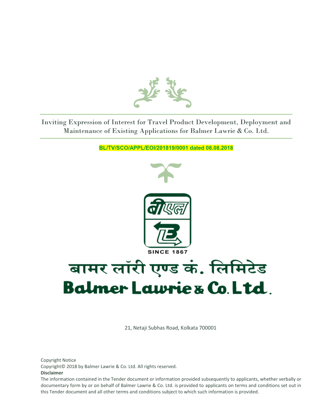 Inviting Expression of Interest for Travel Product Development, Deployment and Maintenance of Existing Applications for Balmer Lawrie & Co