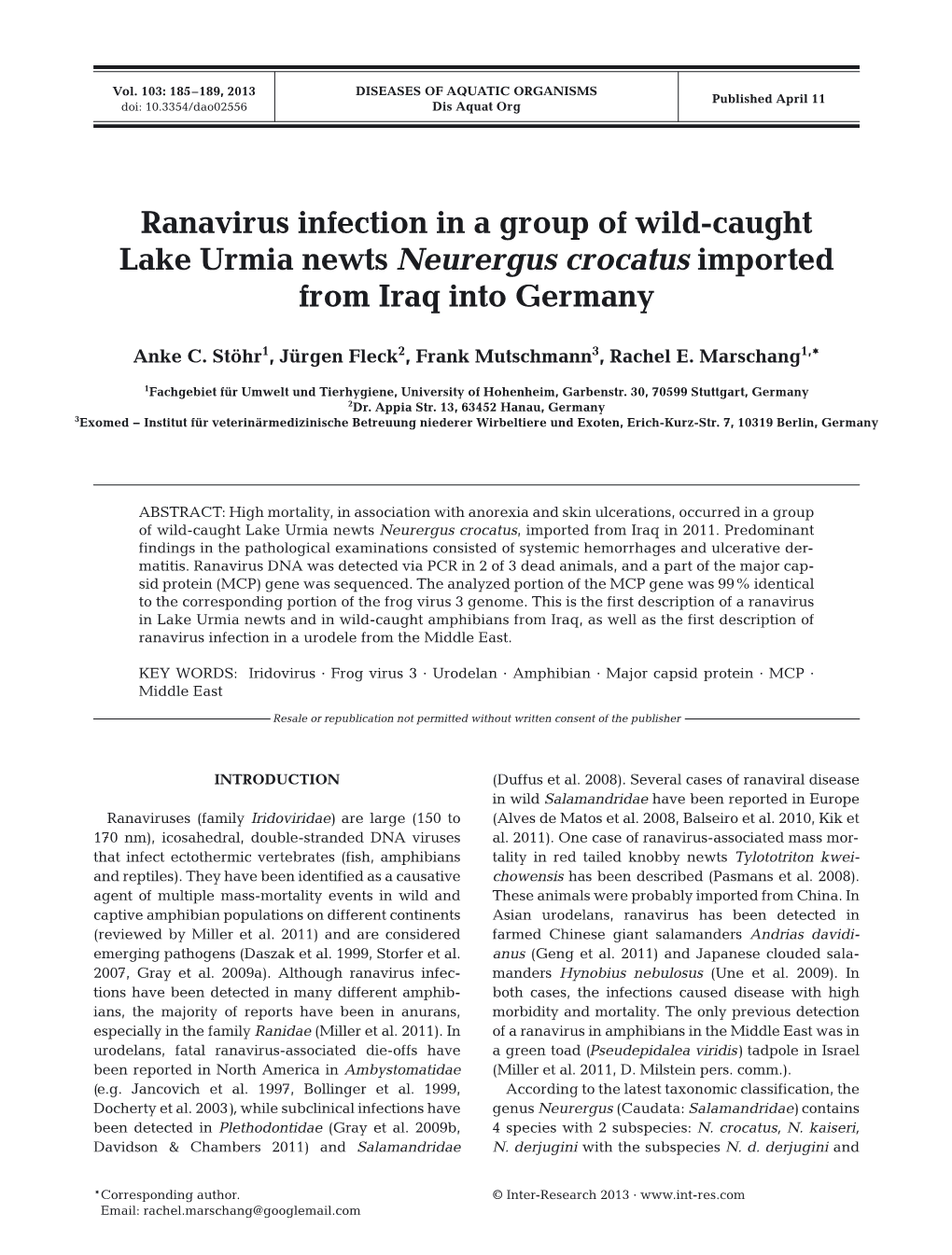 Ranavirus Infection in a Group of Wild-Caught Lake Urmia Newts Neurergus Crocatus Imported from Iraq Into Germany
