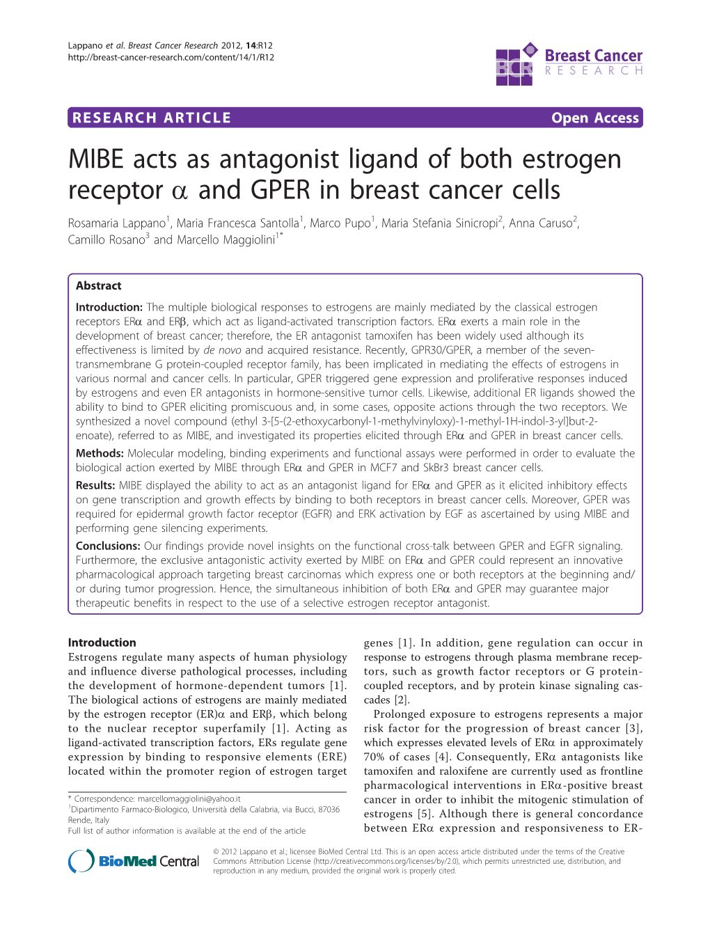 MIBE Acts As Antagonist Ligand of Both Estrogen Receptor a and GPER in Breast Cancer Cells