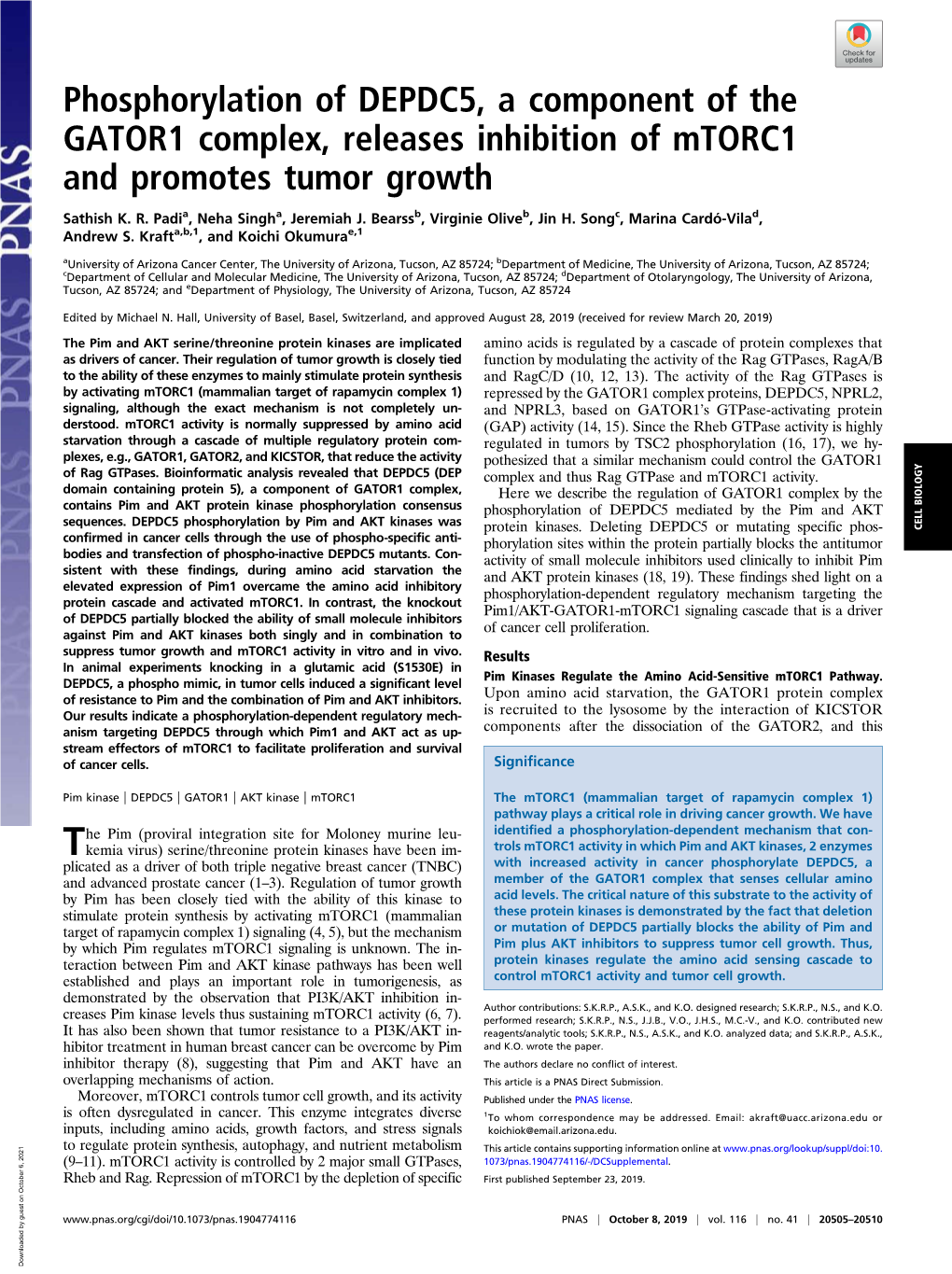Phosphorylation of DEPDC5, a Component of the GATOR1 Complex, Releases Inhibition of Mtorc1 and Promotes Tumor Growth