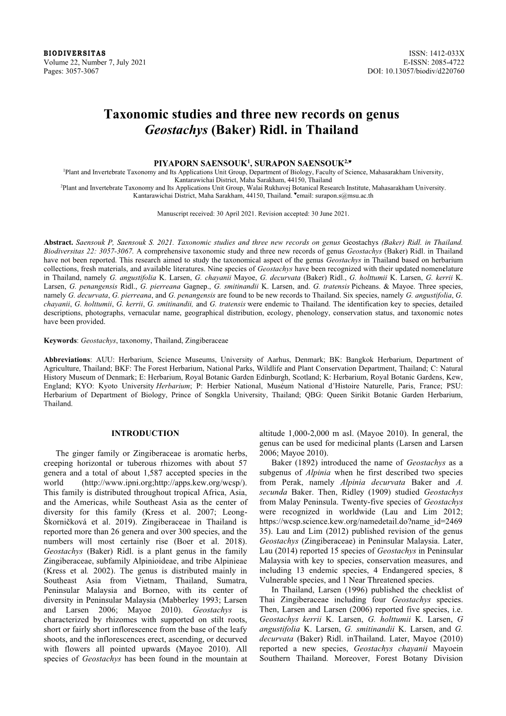 Taxonomic Studies and Three New Records on Genus Geostachys (Baker) Ridl