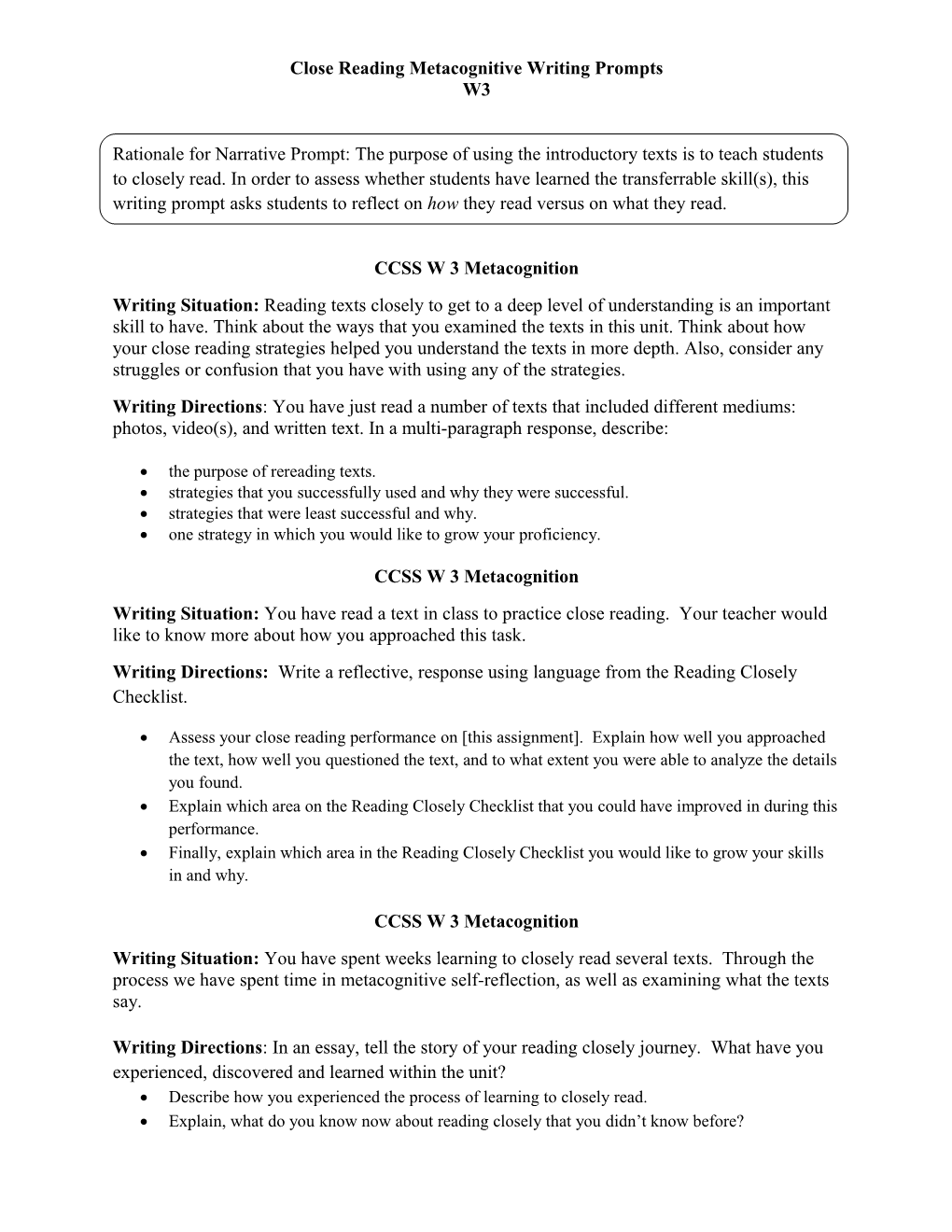 Close Reading Metacognitive Writing Prompts