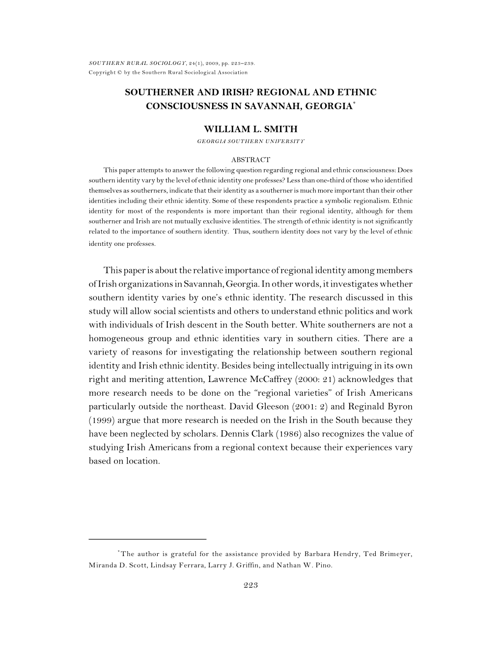 Southerner and Irish? Regional and Ethnic Consciousness in Savannah, Georgia*