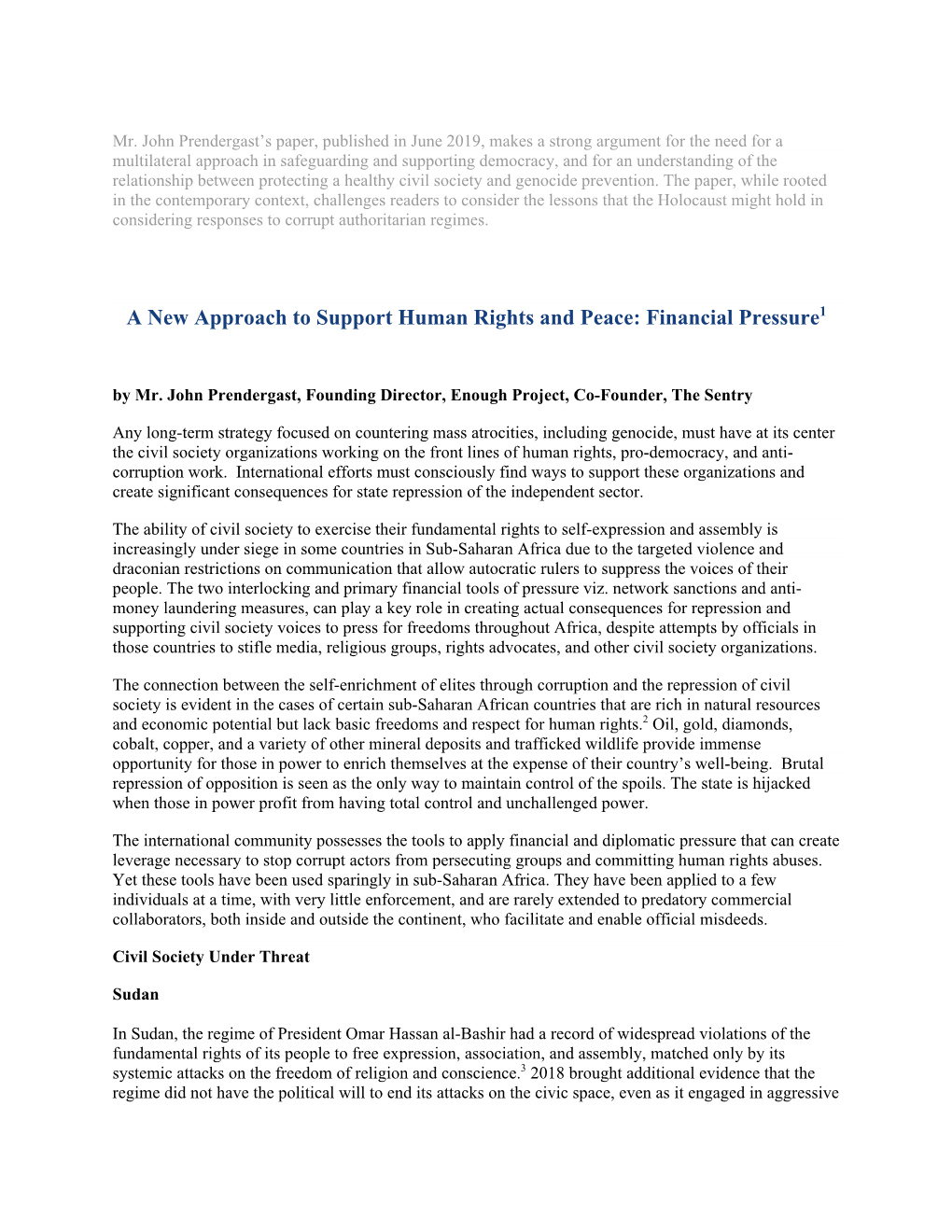 A New Approach to Support Human Rights and Peace: Financial Pressure1