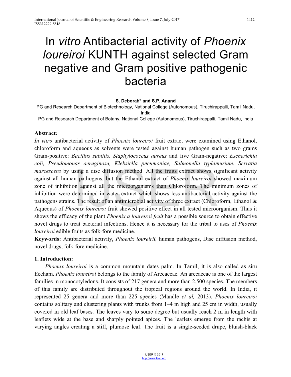 Phoenix Loureiroi KUNTH Against Selected Gram Negative and Gram Positive Pathogenic Bacteria